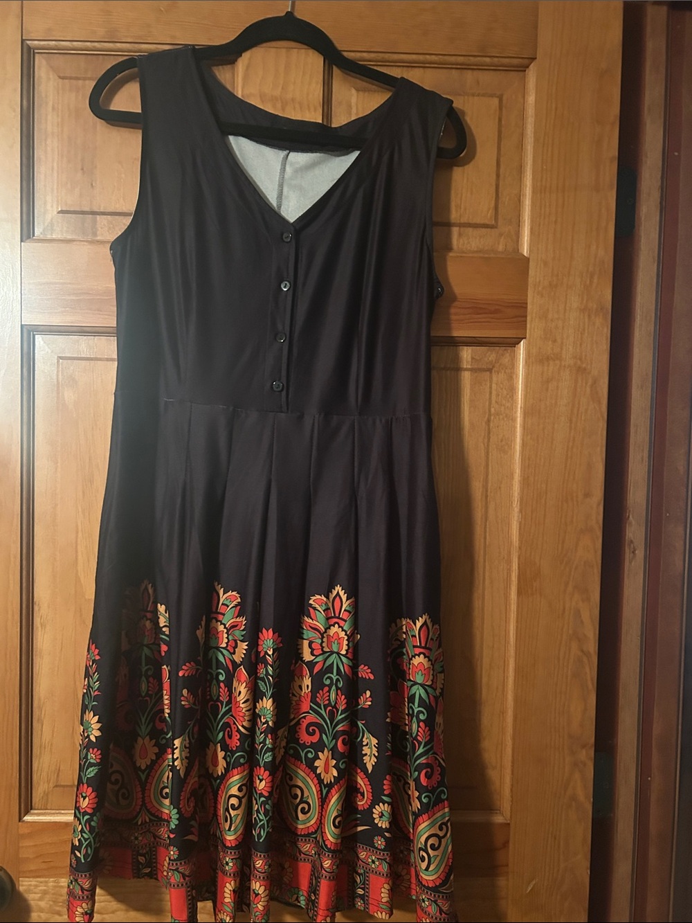 Reborn Black Sleeveless Midi Dress with Colorful Floral Border